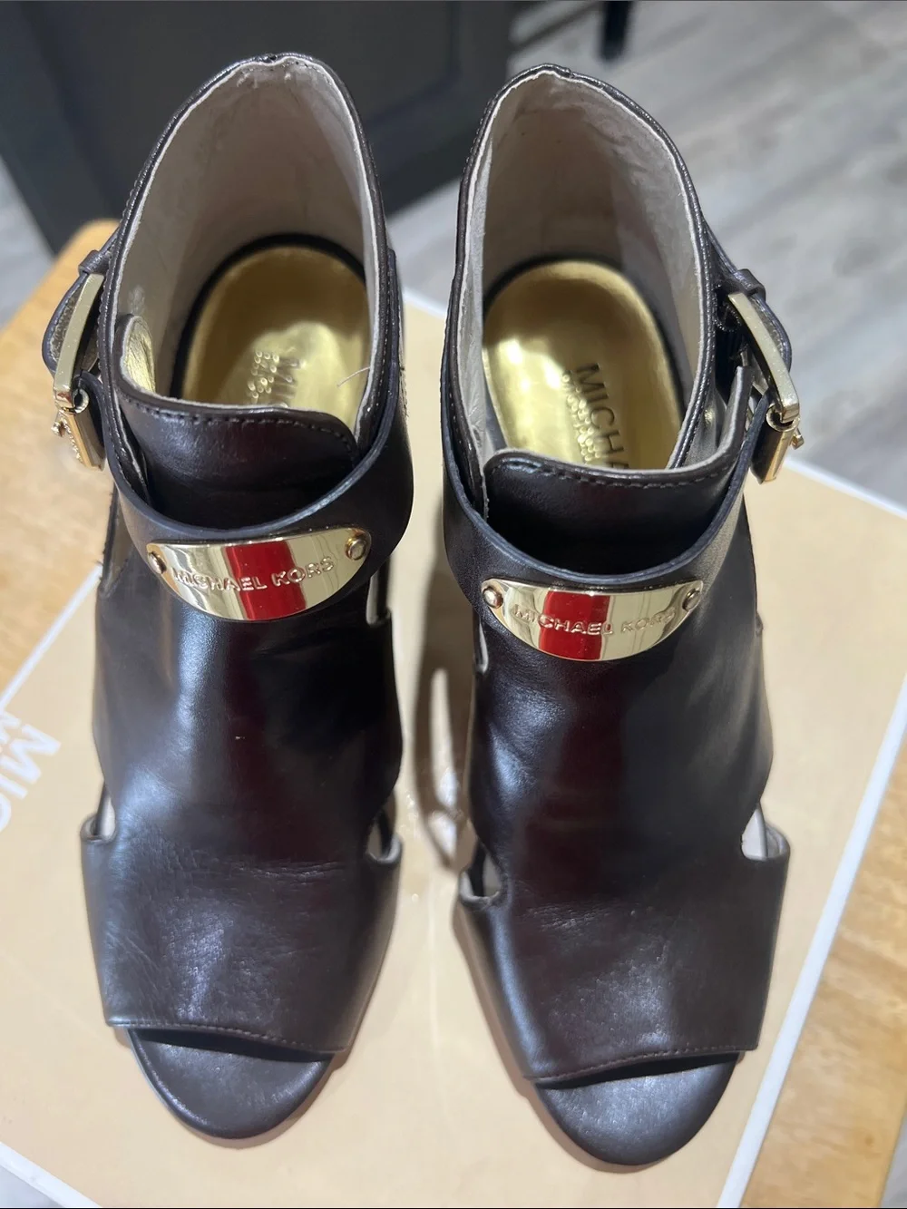 Michael Kors Dark Brown Leather Peep-Toe Cutout Heels with Gold Plaque